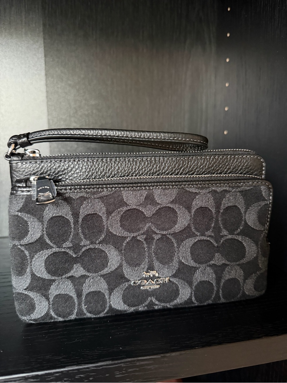 Coach Double Zip Wristlet in Black Signature Denim